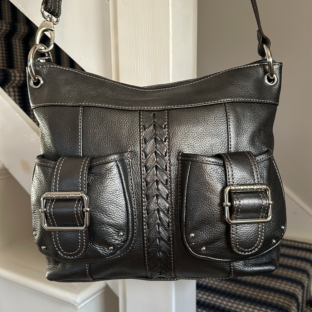Tignanello Pewter Pebbled Leather Crossbody Bag